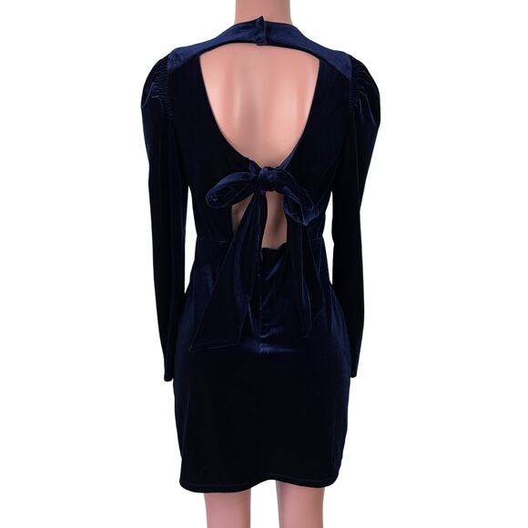 Sugar Lips Blue Velvet Long Sleeve Mini Dress Open Back Puff Shoulder holiday - Picture 2 of 9